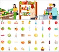 People make purchases, choose goods, buy products in shop near healthy food, drinks icons
