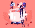 People Making Homemade Strawberry Jam or Marmalade. Tiny Male and Female Characters Stand on Ladders at Huge Pan