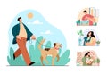 People man woman characters happy with their pets dog cats fish isolated set. Vector flat cartoon modern style graphic design illu