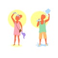 People man and woman coping with extreme heat wave by drinking water and pouring water and ice bucket over heads Royalty Free Stock Photo