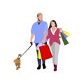 People man and woman do shopping. Couple with purchases and dog