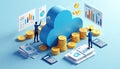 People manage cloud computing costs with coins and charts. They analyze financial data on screens, stack money, and use Royalty Free Stock Photo