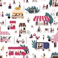 People at market seamless pattern vector flat illustration. Crowd of man and woman walk, buy, eat fast food and rest at Royalty Free Stock Photo