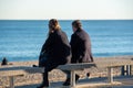 People with a mask on the Barcelona promenade in time of Covid 19 in winter 2021