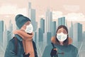 people in masks with city and coronavirus on background. Protection against dirty air, colds and other problems