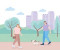 People with medical face mask, women walking with pets dog, city activity during coronavirus