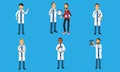 Doctors Accept And Advise Patients, Do Tests. Daily Hospital Routine Vector Illustration Set Isolated On Blue Background