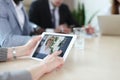 People meeting analyzing financial statistics in office. Group of business team having video conference Royalty Free Stock Photo