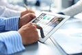 People meeting analyzing financial statistics in office. Group of business team having video conference with their team Royalty Free Stock Photo