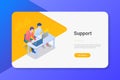 People Men sitting at Table with Laptop Notebook Isometric flat illustration. Online support concept Royalty Free Stock Photo
