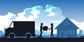 Silhouette of activities of people,woman receive parcel from messenger