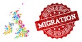 Migration Composition of Mosaic Map of Great Britain and Ireland and Textured Stamp