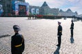 People in military uniforms walk along Red Square in Moscow. Victory parade on Victory Day on May 9: Moscow, Russia, 09