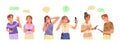 People with mobile phone, girl and boys talking using cellphone. Teen couples chatting with each other vector symbols