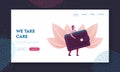 People and Money Landing Page Template. Tiny Woman Carry Huge Purse Full of Cash