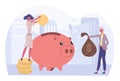 People money save, success financial investment concept. Cartoon woman putting coins into piggy bank Royalty Free Stock Photo