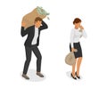 People money vector wealth businessman woman person character holding bag with coins cash currency illustration banking