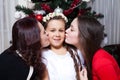 People, motherhood, family, christmas and adoption concept - happy mother and daughter hugging at home Royalty Free Stock Photo