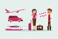 People motion sickness while traveling in transport vector illustration. Pale girl with luggage near car, plane and