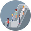 People move on automatic escalator. Mobile ladder, stairs for transporting passengers icon