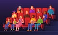 People in movie hall. Kids and adults watch cinema sitting on red chairs with popcorn in movie theater. Entertainment