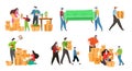 People moving boxes and furniture to new house, happy family packing belongings, vector illustration Royalty Free Stock Photo