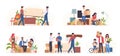 People moving home. Families preparing transporting in new apartment, sorting boxes, movers carry furniture, items Royalty Free Stock Photo