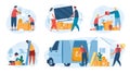 People moving houses, family relocating to new home. Characters unpacking things, delivery workers loading boxes in truck vector