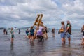 AUCKLAND, NEW ZEALAND - APRIL 07, 2018: Spectators and Competitors at the Murrays Bay Wharf Birdman Festival