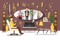 People musicians give person good mood vector illustration. Fan listen song on large music speakers. In room favorite