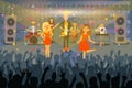 People musicians perform at concert in front public, vector illustration. Music group receive award on stage, famous