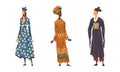 People in national clothing set. Man and women in traditional outfit of Mongolia, Japan, African cartoon vector