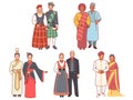 People in national costumes. Multicultural couples, traditional folk wears, various ethnic groups, asians, africans and