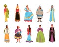 People in national costumes vector illustration set, cartoon flat woman characters wear traditional clothes with folk Royalty Free Stock Photo
