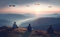 People in a national park observing UFOs flying in the sky at sunset. Generative AI