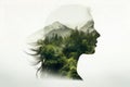 Double exposure portrait with woman and green forest. Generative AI Royalty Free Stock Photo