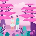 People and nature flat vector illustration. Outing, outdoor recreation, family walk. Young couple in forest, girlfriend