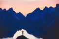 People and nature, silhouette of person with raised hands on beautiful mountain landscape