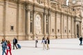 People near the Cathedral-Basilica of Our Lady of the Pillar - Roman Catholic Church, Zaragoza, Spain. Copy space for text. Royalty Free Stock Photo