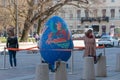 People near giant painted Easter egg. St Petersburg. Russia Royalty Free Stock Photo
