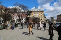 People near Monument to King Danil Galitsky in Lviv, Ukraine