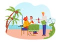 People near ocean, vacation, vector illustration, flat man woman couple at cafe, waiter stand near table, couple relax