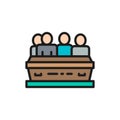 People near the tomb, funeral ceremony, cemetery flat color line icon.