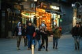 People at night on the streets of the Old Town of Bucharest, Romania, 2020 Royalty Free Stock Photo