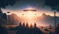 People observing mysterious disc-shaped UFOs flying in the sky above the valley at sunset. Flying saucers. Generative AI