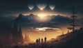 People observing mysterious lights in the sky in a valley at sunset. UFOs floating over mountains. Generative AI