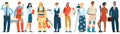 People occupation vector professional man and woman in uniform of firefighter, police officer and astronaut. Workers of