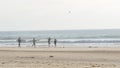 People on ocean beach. Surfer men with surfboard go surfing. Man with metal detector California USA Royalty Free Stock Photo