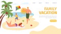 People at ocean vacation, landing page vector illustration. Summer tourism near sea, travel at tropical cartoon beach
