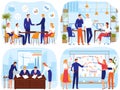 People at office business meeting brainstorming vector illustration flat set, cartoon businessman leaders shake hands Royalty Free Stock Photo